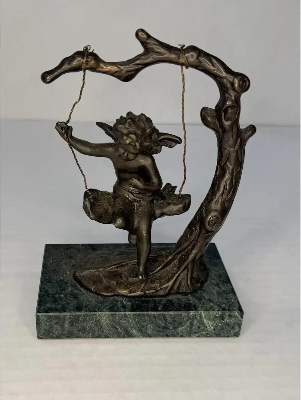 Auguste Moreau Bronze Cherub on Swing Sculpture – Green Marble Base, Signed - Picture 1 of 8